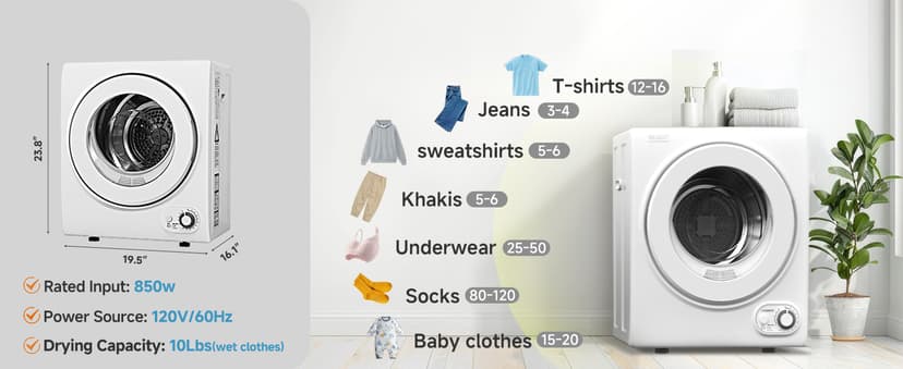 Feelfunn 110V Portable Dryer – 850W Compact Clothes Dryer with 4 Automatic Drying Modes, Stainless Steel Tub, Simple Control Knob for Apartments, Dorms & Small Spaces