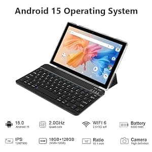 CUPEISI Android 15 Tablet 10 Inch, 20GB RAM+128GB ROM/2TB Expandable, 2.0GHz Quad-core Processor, 1280*800 HD Screen, 5G WiFi6 BT 5.0, 2 in 1 Tablets with Keyboard Case Mouse Stylus, Widevine L1 Black