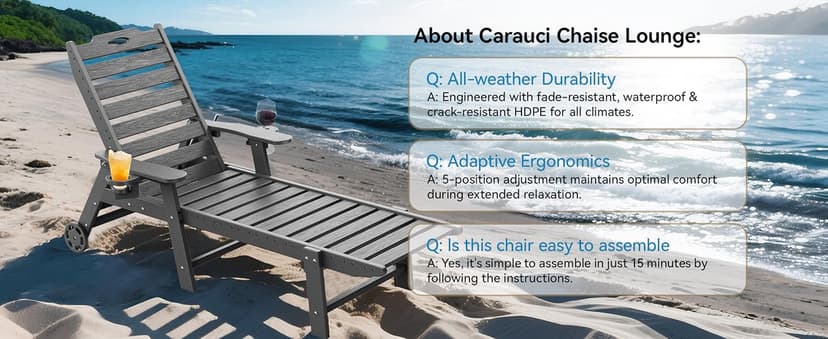 Carauci Lounge Chair Outdoor Set of 2, HDPE Chaise Lounge with Wheels, 5-Position Adjustable Backrest & 2 Cup Holders Patio Lounge Chair, All-Weather Pool Sun Lounger for Poolside, Backyard, Black