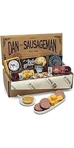 Dan the Sausageman Silver Star Gourmet Meat & Cheese Gift Box – Original & Garlic Summer Sausages, Sweet Hot Mustard, Sockeye Salmon, Water Crackers, Almond Roca – 8-Item Holiday Snack Box