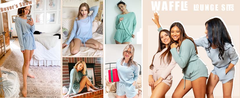 Drop Shoulder Pijamas de Mujer,Sexy Curved Hem Sleepwear,Round Neck Comfrt Sleepwear,Christmas Gift for Her,Sleepover Party Ekouaer Womens Waffle Knit Pajama Sets Long Sleeve Top and Short Lounge Set B09N3V12Q7