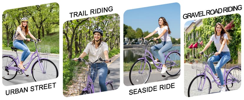 26" Cruiser Bike Commuter Bike 7 Speed Women's Bicycle Beach Cruiser with Ergonomic Upright Design, Adjustable Saddle, Dual Fenders & V Brake and High Carbon Steel Frame