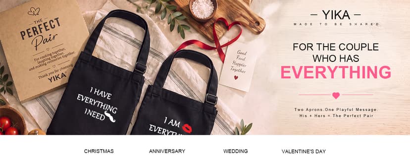 YIKA® Apron Couples, Christmas Gifts for Couples: Waterproof Aprons for Women Men, with Adjustable Neck Strap with Extra Long Ties, 2 Pockets (Black)
