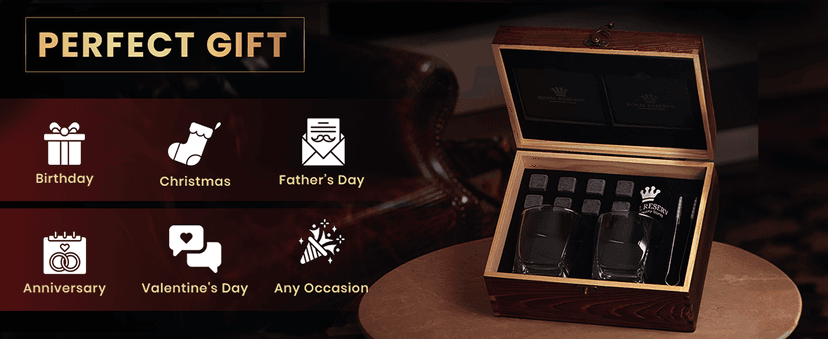 Whiskey Stones Gift Set by Royal Reserve, Artisan Crafted Scotch Bourbon Glasses, Chilling Rocks, Coasters and Tongs – Whiskey Gifts for Men Dad Boyfriend Anniversary or Retirement