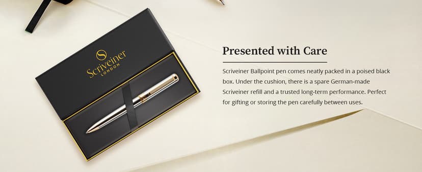 Scriveiner Silver Chrome Ballpoint Pen - Stunning Luxury Pen, Real Gold Plating, Schmidt Black Refill, Best Ball Pen Gift Set for Men & Women, Professional, Executive, Office, Nice, Fancy Pens