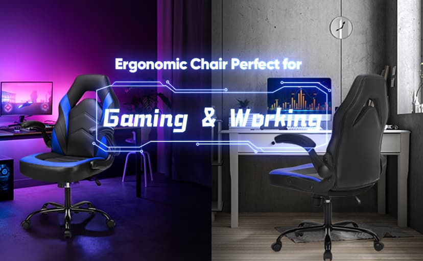 OLIXIS Computer Gaming Chair - PU Leather Ergonomic Lumbar Support with Flip-up Armrest and 360° Swivel Wheels, Height Adjustable Task Home Office Desk Video Racing, Black and Blue