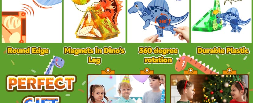 Coodoo Dinosaur Toys Magnetic Tiles 3D Movable Dinos for Kids 3-5 5-7 Toddler Outdoor Sensory Toys, STEM Educational Magnetic Blocks for 3+ Years Old Boys Girls Kids Toy