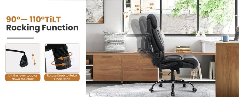550LBS Big and Tall Office Chair for Heavy People,Ergonomic Office Chair with Padded Flip-Up Arms and Adjustable Lumbar Support,High Back Executive Leather Desk Chair with Rocking Function