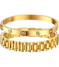 MPRAINBOW Womens Stackable Floral Gold Bracelets - 3Pcs 18K Gold Plated Bracelet,Stainless Steel Bangle Bracelets Non Tarnish, Gold Bracelet Set Trendy Jewelry,Christmas Valentines Birthday Gifts for Girlfriend