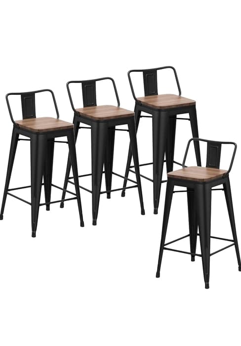 ALISH 26 Inch Industrial Bar Stools Set of 4, High Back Metal Barstools with Large Wood Seat, Counter Height Bar Chairs for Kitchen Island (26 Inch Set of 4, Black)