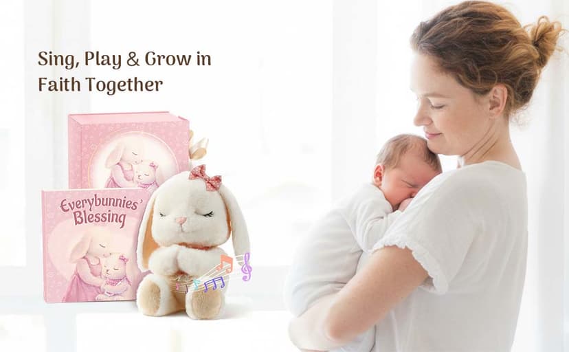 Baptism Gifts for Girl, Catholic Christening, Baby Dedication & Baptismal Gift Set for Baby Girls & Kids, with 9" Musical Praying Bunny Plush Toy & Everybunnies' Blessing Book in Keepsake Box