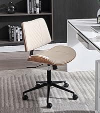 Home Office Chair No Arms with Wheels, Adjustable Height Small Desk Chair, PU Leather Mid Back 360 Swivel Computer Chair, Armless Modern Walnut Chair for Office, Reading Meeting Room(Beige)