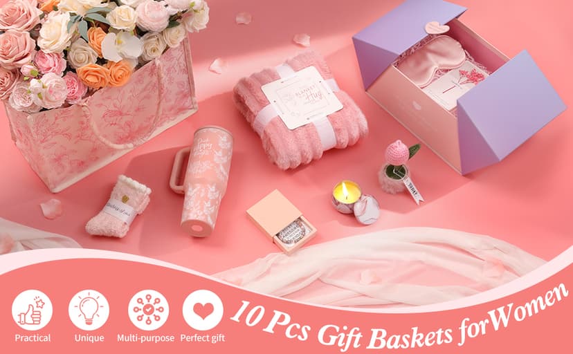 Birthday Gifts for Women, 10PCS Relaxing Self-Care Gift Basket with Flannel Blanket, 40 oz Tumbler, and Tote Bag – Get Well Soon Gift for Women Mom, Wife, Sister, Friends B0FL1TBNVM