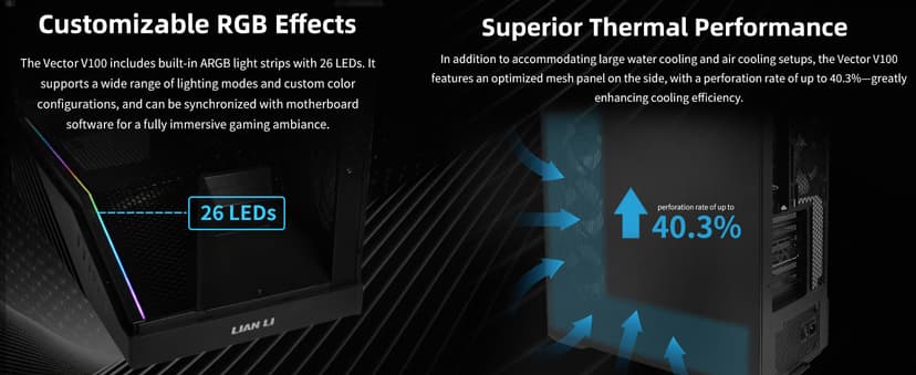 Lian Li V100 ATX Mid-Tower PC Case, 4 x 120mm ARGB PWM Fans Pre-Installed, LED RGB Strip, Display Platform with Tempered Glass, Support 420mm GPUs, 360mm Radiator, Optimized Airflow - Black (V100RX)