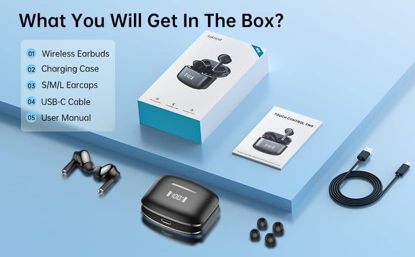 Ankriyul Wireless Earbuds, True Wireless Bluetooth Headphones with Deep Bass Stereo, Ear Buds with LED Power Display, in-Ear Earphones with Mic for iPhone/Android/iPad, Black