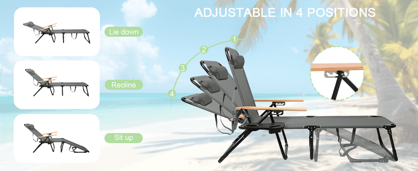 Folding Lounge Chair with Canopy, Tanning Chair with 4-Position Reclining Back, Folding Sun Lounger, Outdoor Lounge Chair for Beach, Poolside, Backyard, Camping, UPF 50+ Sun Shade, 300 LBS