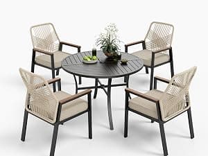 MIXPATIO 7 Pieces Round Outdoor Dining Set for 6, Patio Dining Set Wicker Rattan Chairs with Soft Cushion and 54" Round Table with Umbrella Hole, Round Patio Table and Chairs for Backyard Porch