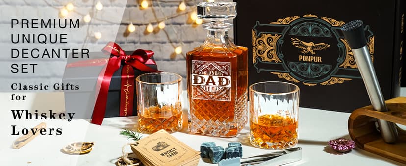 PONPUR Gifts for Men Dad Stocking Stuffers, Whiskey Decanter Set with 2 Glasses, Unique Cool Dad Birthday Gift from Daughter Son, Best Christmas Retirement Present for Man Father