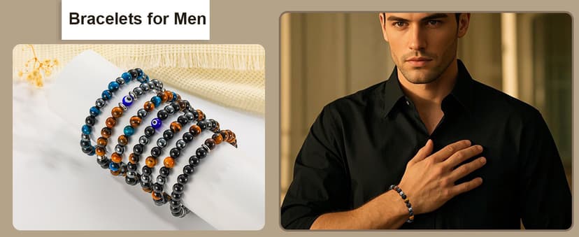 Bracelet Gifts for Men, Triple Protection Black Obsidian Hematite Tiger Eye Beaded Natural Stone Bracelets Birthday Christmas Stocking Stuffers Healing Jewelry Gifts for Him