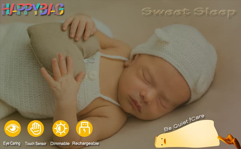 HAPPYBAG LED Lying Flat Duck Night Light, 3 Level Dimmable Nursery Nightlight,Cute Lamps Silicone Squishy Light Up Duck,Rechargeable Bedside Touch Lamp for Breastfeeding Toddler Baby Kids Decor