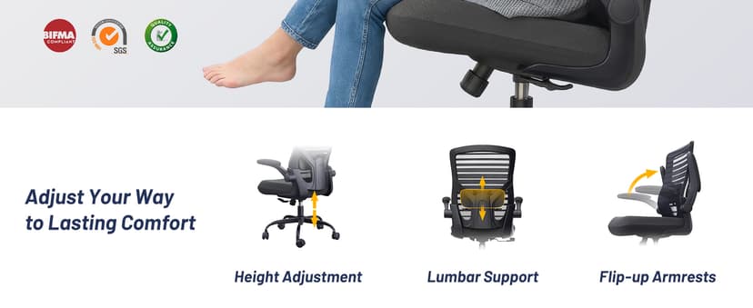 Office Desk Chair for Long Hours & Lower Back Pain Relief – 4“ Thick Molded Foam Cushion, Enhanced Lumbar Support, Padded Flip-up Armrests, Ideal for Office or Study, Black
