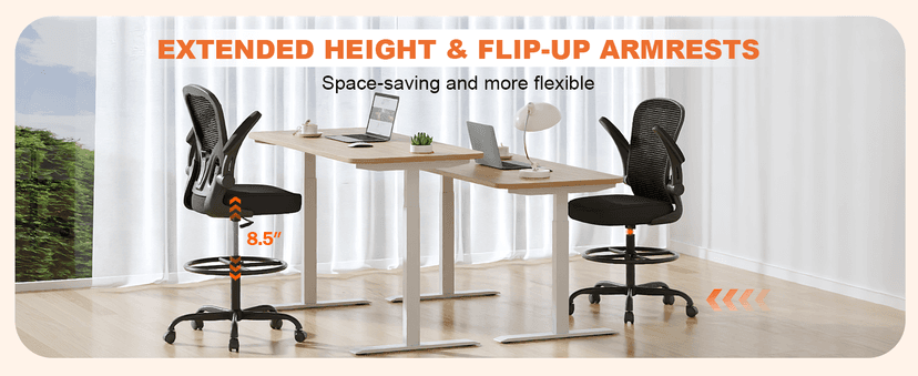 Ergonomic Drafting Chair, Tall Office Chair with Flip-up Armrests, Breathable Mesh High Desk Chair with Lumbar Support Adjustable Footrest Ring for Standing Desk Black