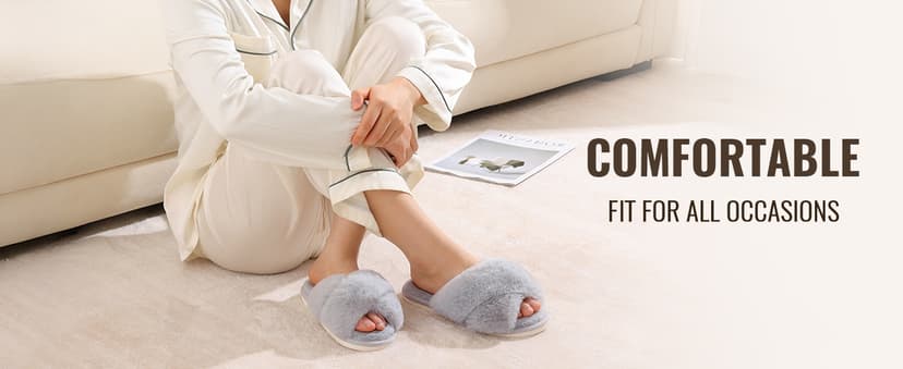 Evshine Women's Fuzzy Slippers Cross Band Memory Foam House Slippers Open Toe