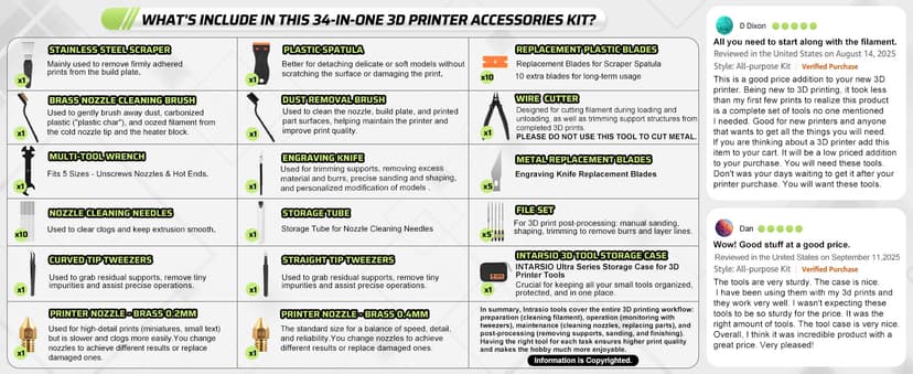 3D Printer Tools Kit, 34pcs 3D Printer Accessories for All FDM/SLA Printers Includes Nozzle Cleaning, Removal Scrapers, Finishing Tools, 5 Types of Files,Brushes, Wire Cutter, Engraving Knife