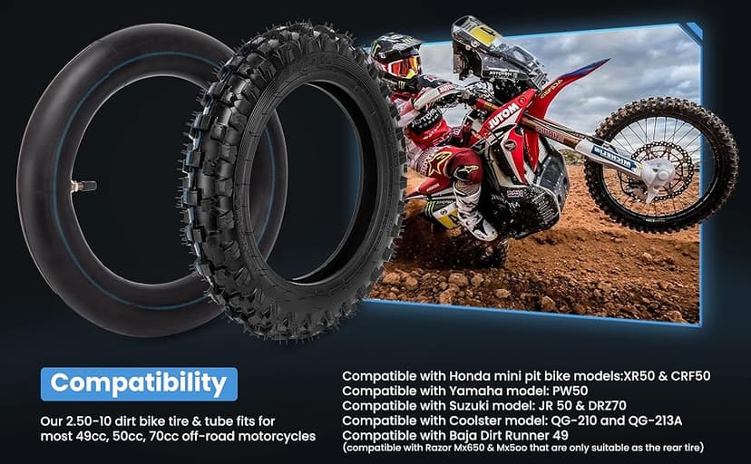 2.50-10 Dirt Bike Tire, 2.5-10" Off-Road Tire and Inner Tube for Dirt Bike with 10" Rim Compatible with Honda CRF50/XR50, Suzuki DRZ70/JR50 and Yamaha PW50
