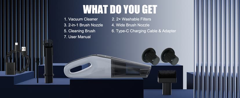 VACDRIVE Car Vacuum Handheld Cordless Car Vacuum Cleaner for Drivers, Office, Home & Pet Hair, with True Brushless Motor, Ultra-Strong Suction, Rechargeable Battery&Big Dust Cup, Type-C Fast Charging