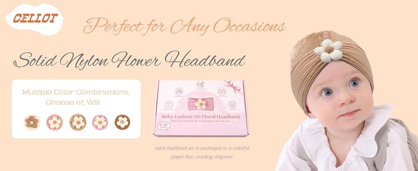 CÉLLOT 5 Pcs Baby Flower Headbands Baby Girls Nylon Headbands Soft Hairbands Hair Accessories for Newborn Infant Toddler Kids