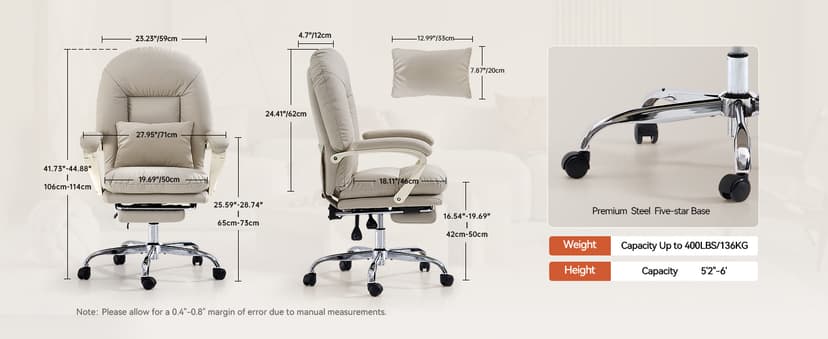 EMIAH Ergonomic Office Chair with Foot Rest Criss Cross Chair with Wheels Reclining Executive Office Chair Mid Back PU Leather Swivel Computer Chairs Lumbar Support for Home Office (Beige)