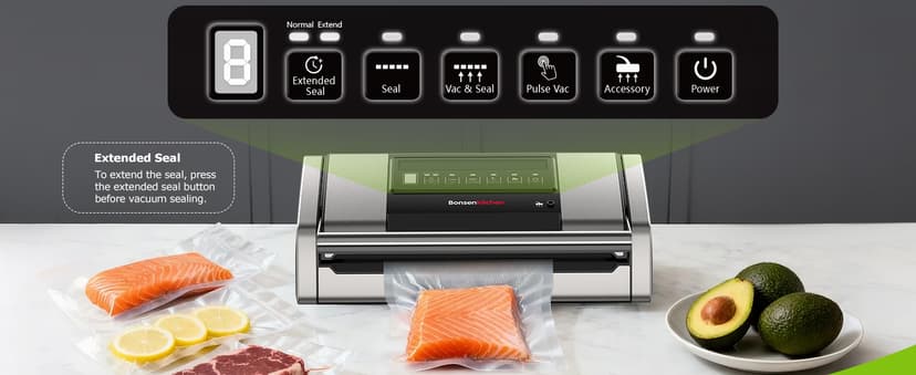 Bonsenkitchen Vacuum Sealer for Food, Easy-Lock Handle Vacuum Sealer Machine with Bag Clip, Built-in Cutter and Bag Storage for Sous Vide and Meal Prep, 1 Roll Bag & 10 Pre-Cut Bags, Silver