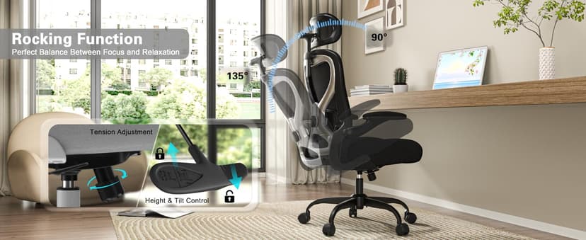 Home Office Desk Chairs, Ergonomic Office Chair with Lumbar Support & 3D Headrest, Computer Desk Chair with Flip-up Armrests, Perfect for Office or Study, Black/Silver