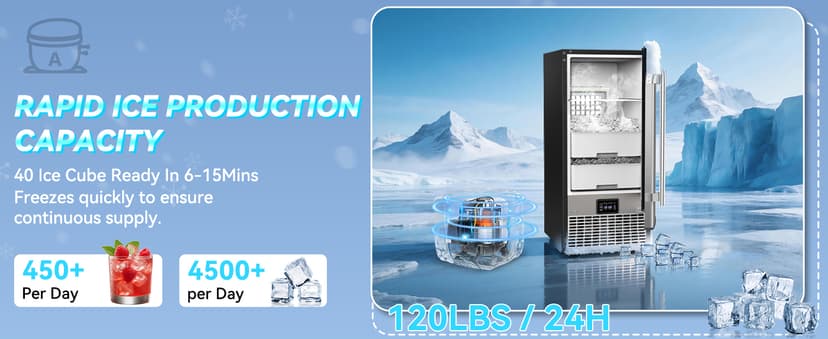 SOZT® Under Counter Ice Maker with Refrigerator Function, 120LBS/24H Commercial Ice Machine, No-Melt Ice Storage, 24H Timer & Self-Cleaning, Built-in/Freestanding for Home Bar Cafe Restaurant