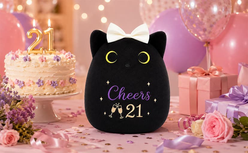 8inch Cat Stuffed Anmals with Cheers 21, Soft Plush Cute 21 Year Old Birthday Gifts for Girls Women 21st Birthday Black Cat Plush, 21st Birthday Gifts for Girls Her B0H2GV3YWL