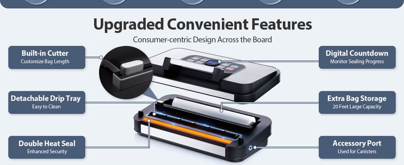 95Kpa Powerful Precision Pro Vacuum Sealer, with Double Heat Seal & Double Pump, Easy-Lock Handle, 10-in-1 Vacuum Sealer Machine for Food with Bags Storage, Built-in Cutter, Stainless Steel