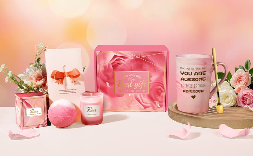 Birthday Gifts for Women, Mom, Sister, Friend: Unique Pink Self Care Spa Relaxation Baskets Set, Christmas, Holiday, Valentines Day Presents for Her, Girlfriend, Grandma, Wife, Bestie, Coworkers