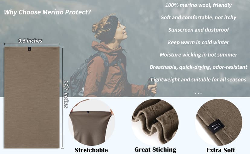 Merino Protect Merino Wool Neck Gaiter Unisex Breathable Face Mask Lightweight Neck Warmer Motorcycle Hiking Hunting