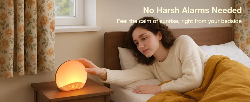 REACHER Wood Grain Sunrise Alarm Clock and Sound Machine Nightlight, Digital Dimmable Clock for Bedroom, 26 Sleep Sounds, White Noise Machine for Baby, Adults, Wake Up Light Alarm Clock for Kids