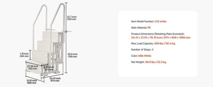 VEVOR Swimming Pool Ladder, 4-Step Double Handrails Stairs with Non-Slip Heavy Duty Steps, Max Load Capacity 400 lbs, for 48-54 in Inground & Above-Ground Pools of Any Decking Surface, Milk White