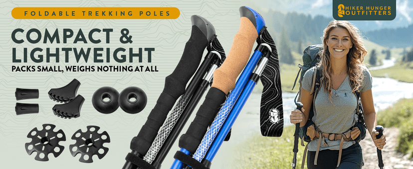 Premium Foldable Hiking Poles by USA Brand - Adjustable, Lightweight Trekking Poles Made of Aircraft Aluminum, Metal Flip Locks & Comfortable Real Cork and EVA Foam Grips