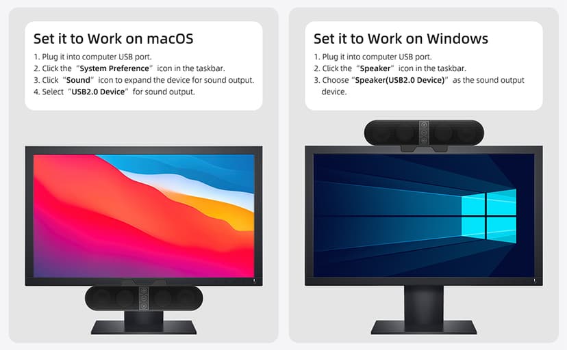 Computer Speakers for Desktop PC Monitor, USB Plug-in, Wired, Computer Soundbar for PC, Laptop Speakers with Adaptive-Channel-Switching, Loud Sound, Deep Bass, USB C Adapter, Easy to Clip on Monitor