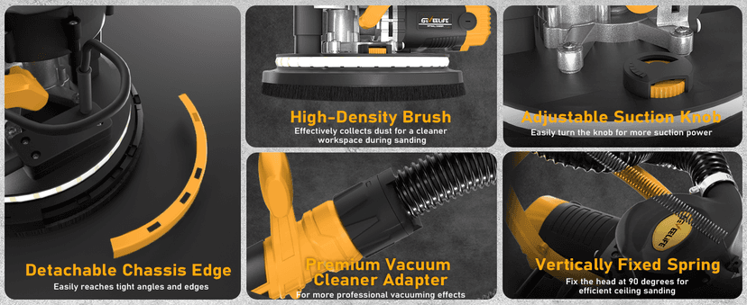 GEVEELIFE Drywall Sander, 880W 7.33A Electric Drywall Sander with Vacuum Dust Collector, 5 Variable Speed 1000-2100RPM, LED Light, Foldable & Extendable Handle, 12 Sanding Discs (Dark Orange)