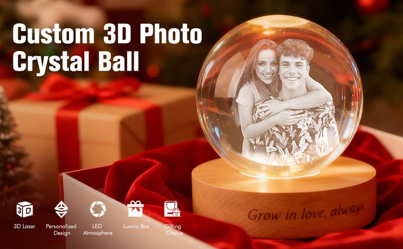 Personalized 3D Photo Crystal Ball, Memorial Gifts, Custom Engraved Picture Lamp with Wood Base, Color Changing Crystal Globe for Pets, Couples, Babies, Parents, Birthdays, Anniversaries(Circle)