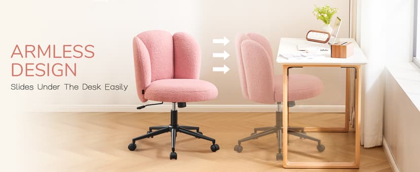 Furniliving Velvet Vanity Chair with Wheels, Adjustable Height Swivel Desk Chair& Lumbar Support, Armless Upholstered Makeup Chair for Bedroom Home Office Study Room (White, Flower)