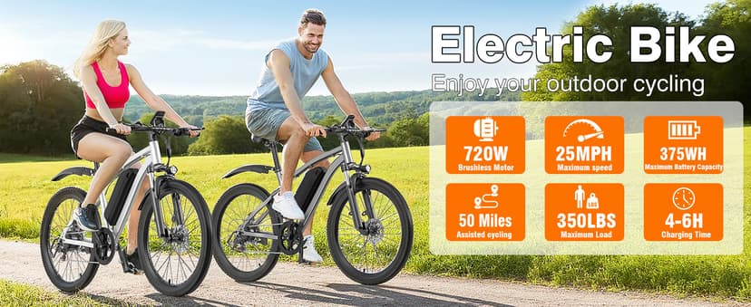 Electric Bike for Adults, 26" Commuter Ebikes with 7-Speed Gears, 25MPH Lightweight E Bike, 720W Peak Motor, 375Wh Removable Battery, 50 Miles Range, Electric Mountain Bicycle for All Terrain