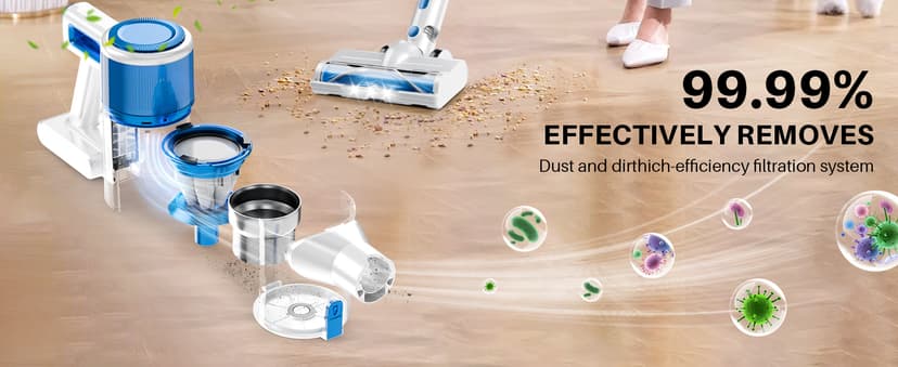 BSNAW Cordless Vacuum Cleaner for Home - Lightweight, Stick Vacuum Clean with Rechargeable Battery, Max 45Mins Runtime, 8 in 1 Handheld Vacuum for Hardfloor & Carpets Pet Hair, Blue&White