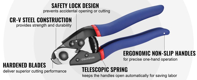 Chrome Vanadium Steel, Safety Lock, Non-Slip Handle for Hard Wire Ropes, Steel Wires and Aircraft Cables WORKPRO Cable Cutter, 7-1/2 Inch Heavy Duty Wire Rope Cutter B0B8MCVSZP