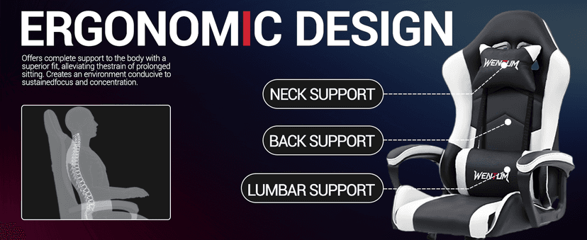 Gaming Chair PU Leather Massage PC Video Game Chair with Lumbar Support for Men Women, Home Office, Height Adjustable, Ergonomic, High Back, White